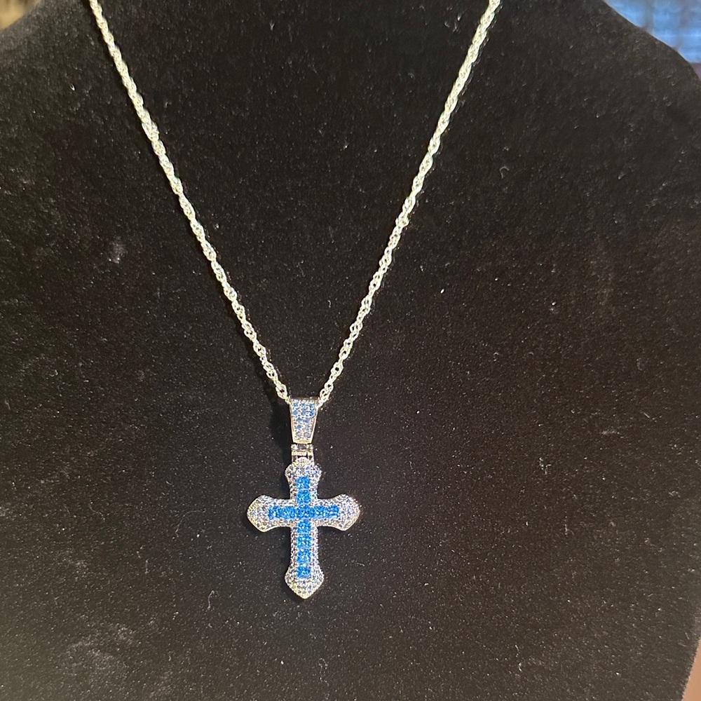 Blue Cubic Zirconia Cross Necklace with 925 Sterling Silver 18”chain.